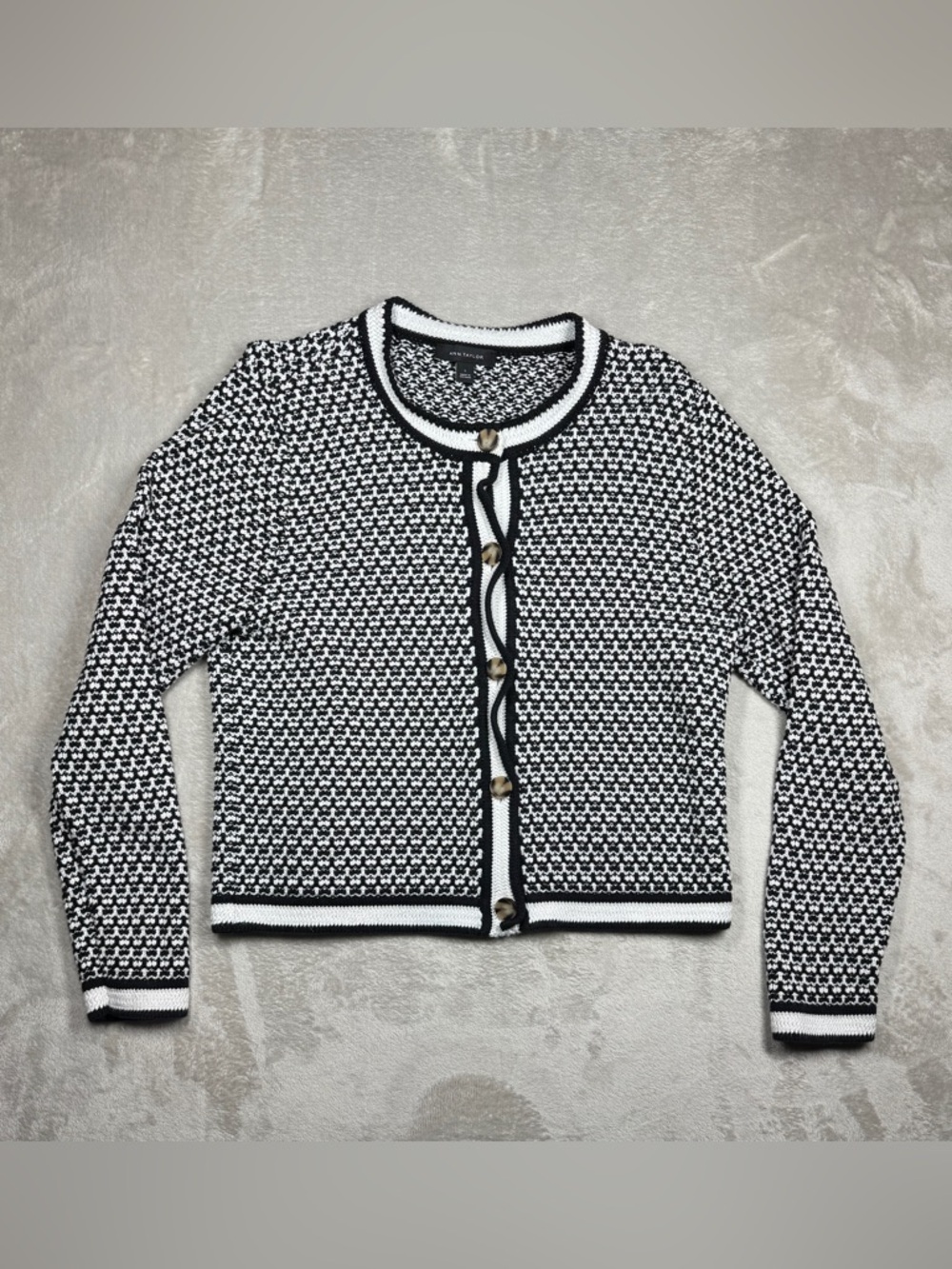 Ann Taylor Black and White Textured Knit Cardigan - Picture 2 of 13